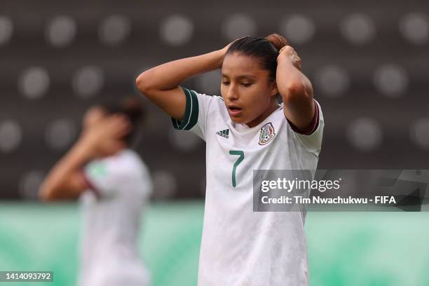 Natalia Mauleon of Mexico reacts against New Zealand at Alejandro Morera Soto on August 10, 2022 in Alajuela, Costa Rica.