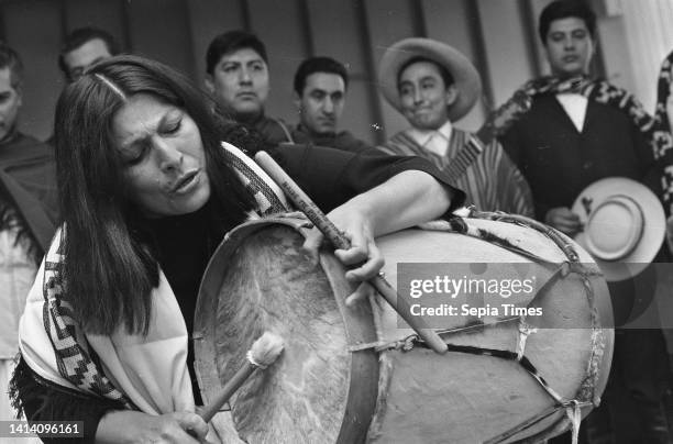 Musica Foklorica Argentina , Mercedes Sosa accompanies herself on a drum, March 2 folklore, music, The Netherlands, 20th century press agency photo,...