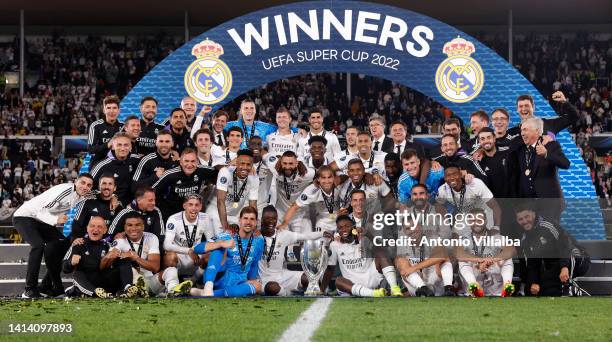 Real Madrid squad is celebrating the UEFA Super Cup during the Real Madrid CF v Eintracht Frankfurt - UEFA Super Cup Final 2022 at on August 10, 2022...