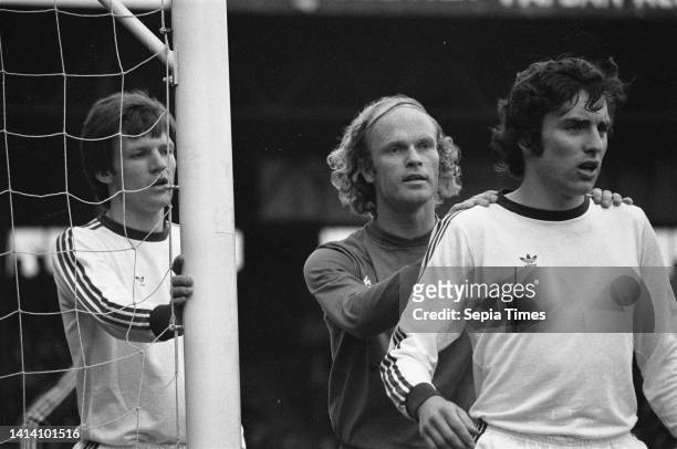 Ajax striker Ruud Geels at a corner kick between two Go Ahead defenders, April 16 sports, soccer, matches, The Netherlands, 20th century press agency...