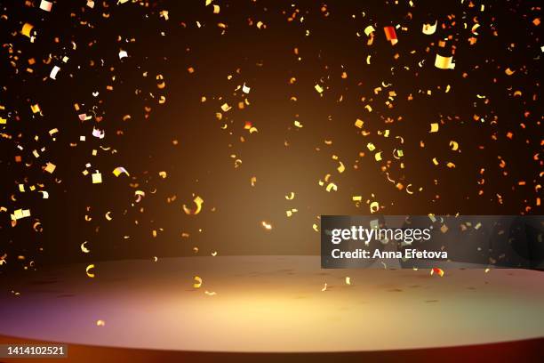 festive podium on dark background with many flying golden confetti. trendy place to advertise your products. copy space for your product. merry christmas and happy new year - exploding confetti stock pictures, royalty-free photos & images