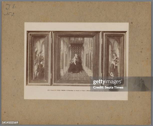 Photoreproduction of painting by Jan van Eyck, depicting Mary with Child between the Archangel Michael and St. Catherine, DRESDA R. Pinacoteca. La...