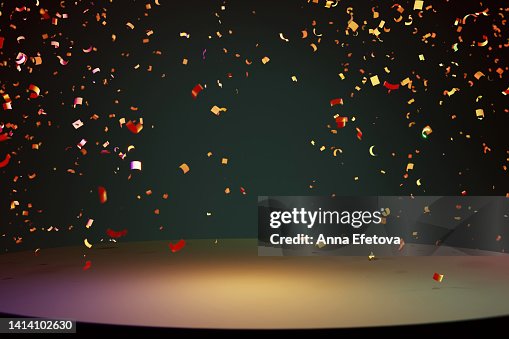 Many flying multicolored confetti on light black background. Festive backdrop for your products presentation. Copy space for your design Many flying multicolored confetti on light black background. Festive backdrop for your products presentation. Copy space for your design