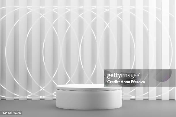 white luxury podium on background with many neon circles and blinds. futuristic gray room for your products presentation. copy space for your design - wallpaper decor stripes stock pictures, royalty-free photos & images