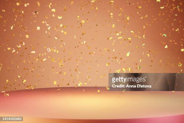 yellow-pink podium on beige background with many flying golden confetti. festive place for your products presentation. copy space for your design - pastel confetti stock pictures, royalty-free photos & images