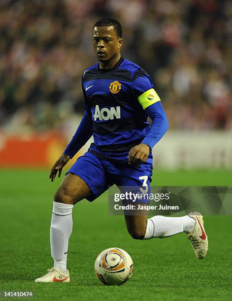 Patrice Evra of Manchester United control the ball during the UEFA Europa League Round 16 second Leg match between Athletic Bilbao and Manchester...