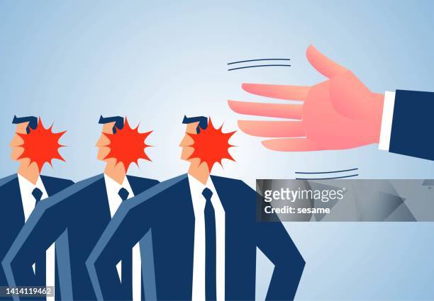 slapped everyone in the face, small businessmen standing in a row were slapped with a big hand, bullied and suppressed, unfair treatment. - slapping stock illustrations