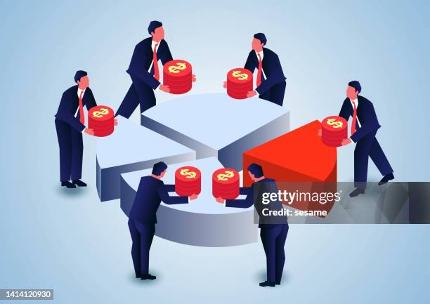 bildbanksillustrationer, clip art samt tecknat material och ikoner med businessman taking his own gold coins from a pie chart, company share holding percentage, investor in company share assets, market allocation - aktieägare