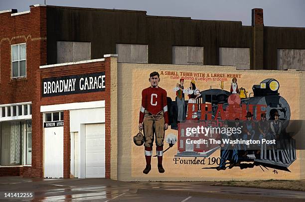 The image of a larger than life Jim Thorpe is part of a mural in downtown Prague, Oklahoma.