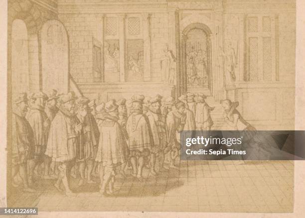 Photographic reproduction of an engraving of the presentation of an entreaty by Dutch nobles to the governess Margaret of Parma, anonymous,...