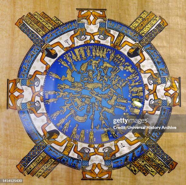 Modern payrus depicting the Dendera zodiac , an Egyptian bas-relief from the ceiling of the pronaos of a chapel dedicated to Osiris in the Hathor...