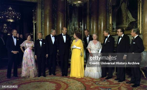 National leaders and royalty in London, 1977. Left to right: Pierre Trudeau, , Princess Margaret, Takeo Fukuda, James Callaghan, Valery Giscard...