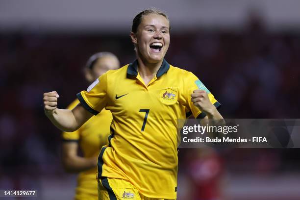 Bryleeh Henry of Australia celebrates after scoring the second goal of her team during the FIFA U-20 Women's World Cup Costa Rica 2022 group A match...