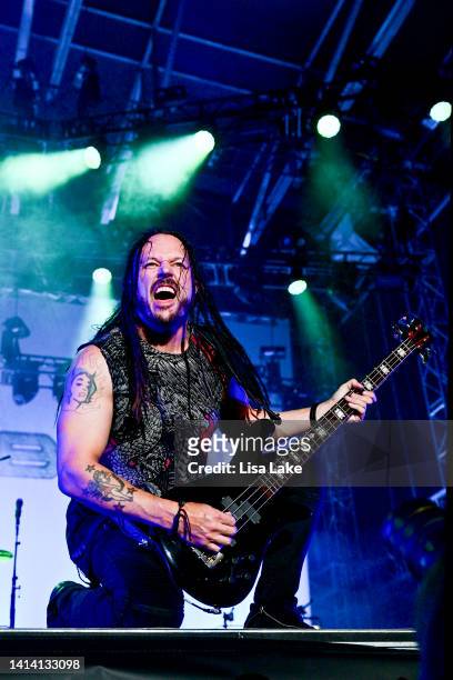 John Moyer of the band Disturbed performs during Musikfest on Wind Creek Steel Stage at PNC Plaza on August 10, 2022 in Bethlehem, Pennsylvania.