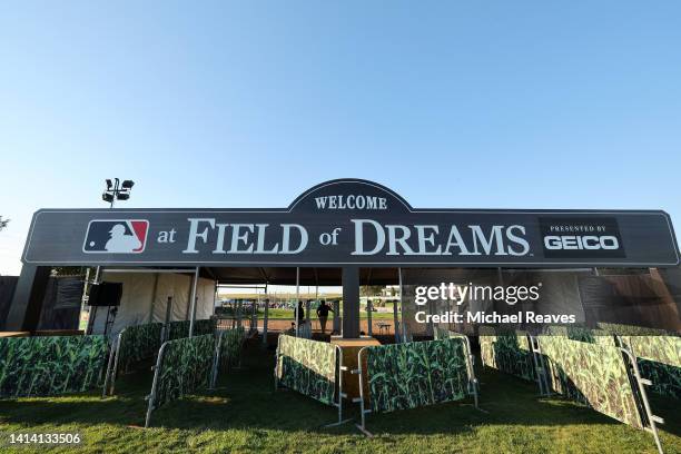 General view of signage prior to the game at Field of Dreams between the Cincinnati Reds and the Chicago Cubs on August 10, 2022 in Dyersville, Iowa.