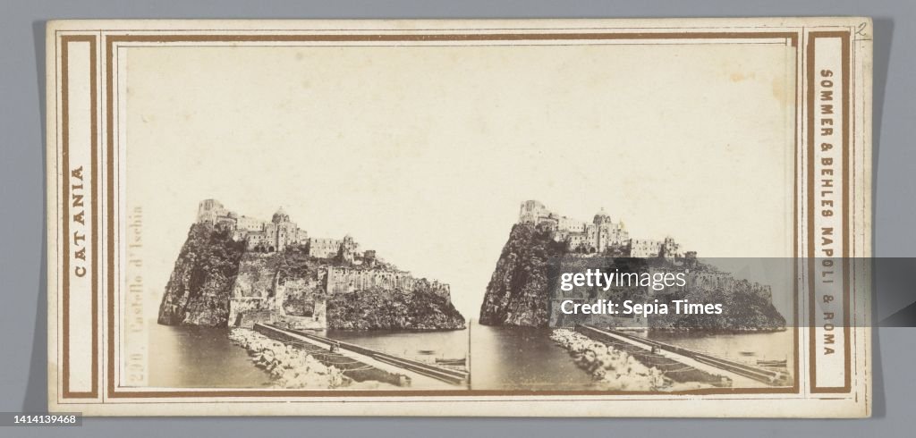 View of the Castello Aragonese near Ischia, Castello d'Ischia (title on object), Catania (series title on object), Sommer & Behles (mentioned on object), Ischia, Isola d', c. 1860 - c. 1880, photographic support, cardboard, albumen print, height 85 mm × w