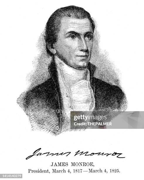 james monroe - usa president engraving with his signature 1888 - james monroe us president stock illustrations