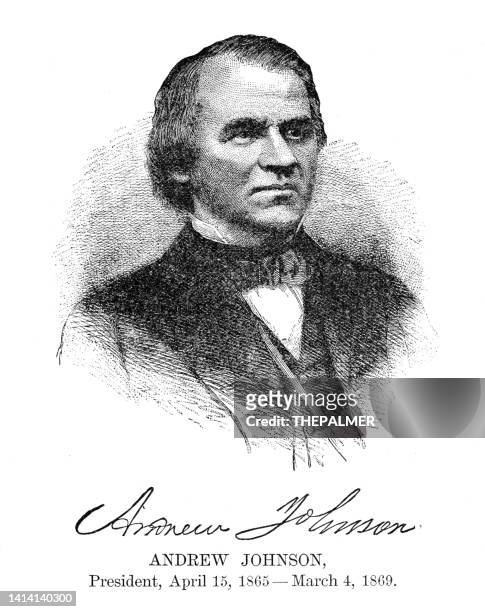andrew johnson - usa president engraving with his signature 1888 - all the presidents men stock illustrations