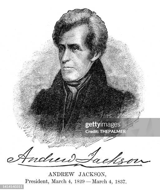 andrew jackson - usa president engraving with his signature 1888 - andrew jackson us president stock illustrations