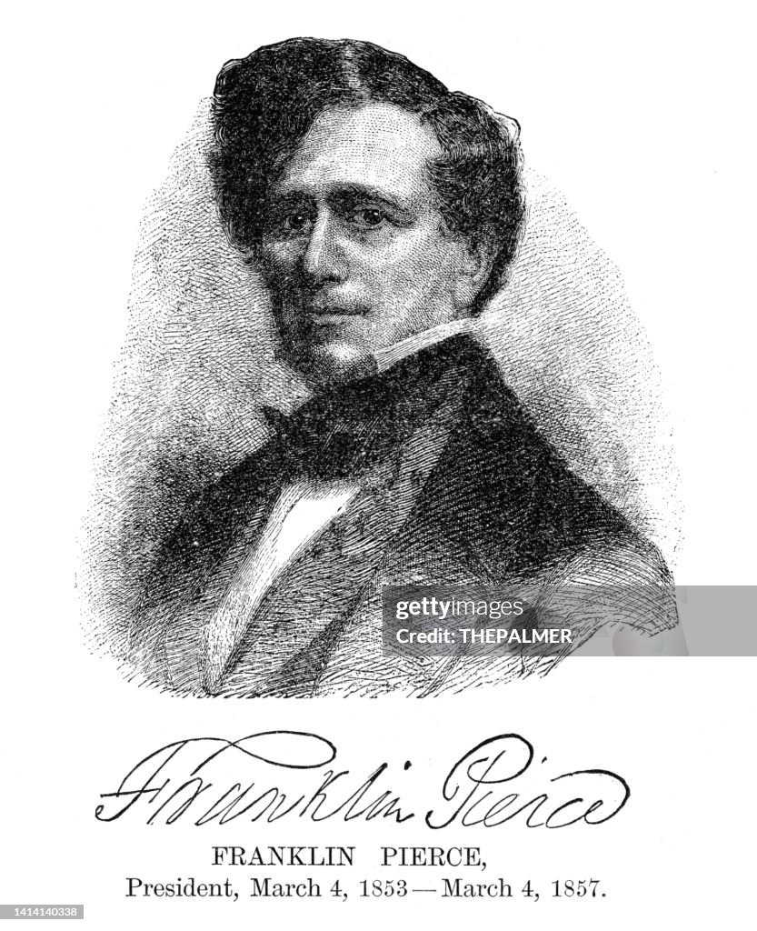 Franklin Pierce - Grabado del presidente de los Estados Unidos con su firma 1888
