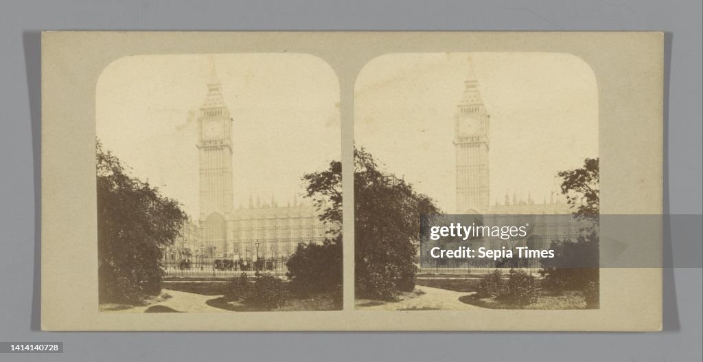 View of Big Ben and the Palace of Westminster in London, New Houses of Parliament: The Clock Tower (title on object), Views of London (series title on object), anonymous, London, c. 1850 - c. 1880, cardboard, albumen print, height 85 mm × width 170 mm
