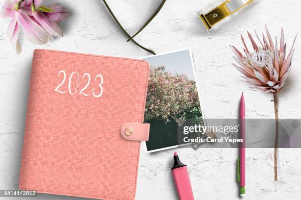 top view  2023 planner in feminine workspace - diary imagens e fotografias de stock