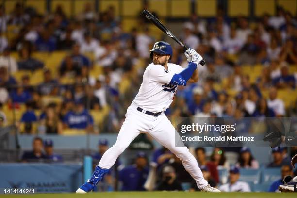 Joey Gallo of the Los Angeles Dodgers at bat against the Minnesota Twins in the seventh inning at Dodger Stadium on August 10, 2022 in Los Angeles,...