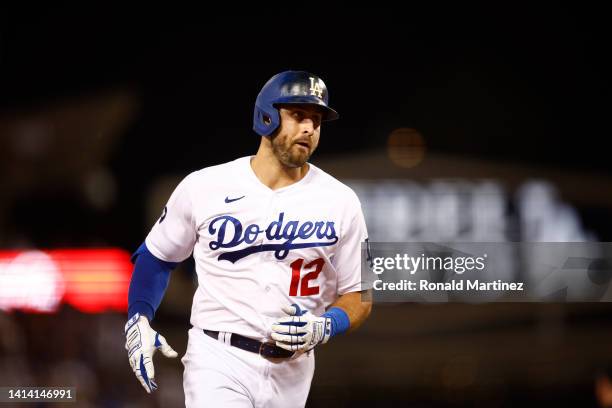 Joey Gallo of the Los Angeles Dodgers runs after hitting a three-run home run against the Minnesota Twins in the seventh inning at Dodger Stadium on...