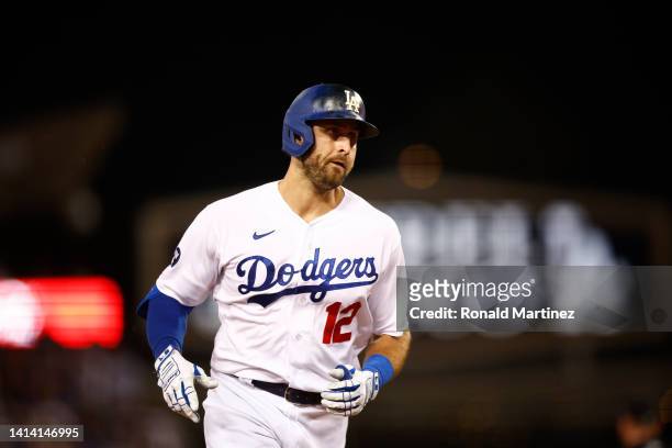 Joey Gallo of the Los Angeles Dodgers runs after hitting a three-run home run against the Minnesota Twins in the seventh inning at Dodger Stadium on...