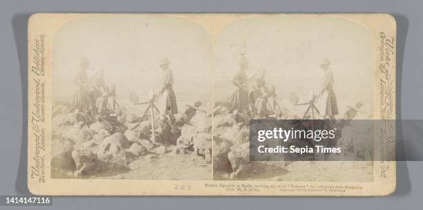 Soldiers of the Gordon Highlanders receiving a message on the heliograph, South Africa, Gordon Signalers at Euslin receiving the word Relieved by...