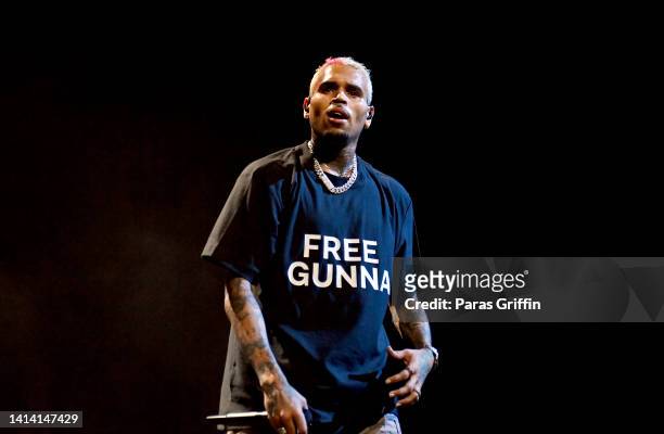 Chris Brown performs onstage during the "One Of Them Ones" tour at Cellairis Amphitheatre at Lakewood on August 10, 2022 in Atlanta, Georgia.