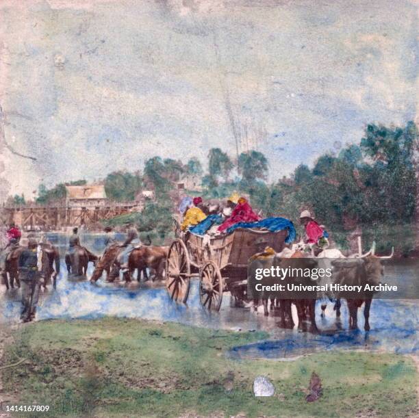 Fugitive negroes fording Rappahannock. Alexander Gardner, 1821-1882. Stereograph showing a group of Union soldiers crossing the Rappahannock River on...