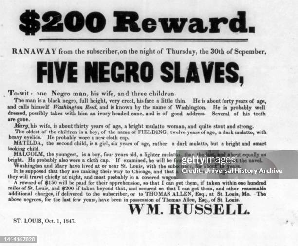 Reward. Runaway from the subscriber, on the night of Thursday, the 30th of September, five Negro slaves. Reward offered by Wm. Russell for...
