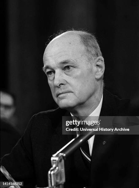 George Kennan, former ambassador to the Soviet Union, testifying in front of the U.S. Senate Foreign Relations Committee. 1966.