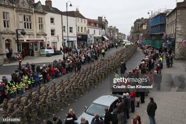 Soldiers from the 3rd Battalion the Yorkshire Regiment march during a pre-deployment parade on March 16, 2012 in Warminster, England. The parade will...