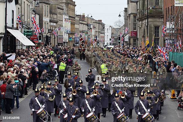 Soldiers from the 3rd Battalion the Yorkshire Regiment march during a pre-deployment parade on March 16, 2012 in Warminster, England. The parade will...