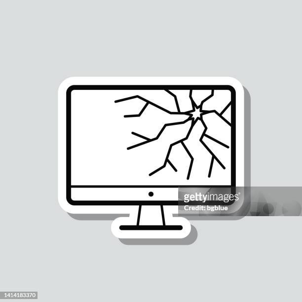 desktop computer with broken screen. icon sticker on gray background - computer repair background stock illustrations
