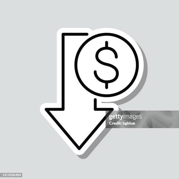 ilustraciones, imágenes clip art, dibujos animados e iconos de stock de disminución del dólar. pegatina de icono sobre fondo gris - bajo