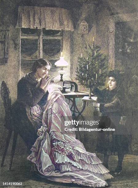 Mother and son at Christmas at home, she is sewing a dress / Mutter und Sohn zu Weihnachten zu Hause, näht sie ein Kleid, Historisch, digital...