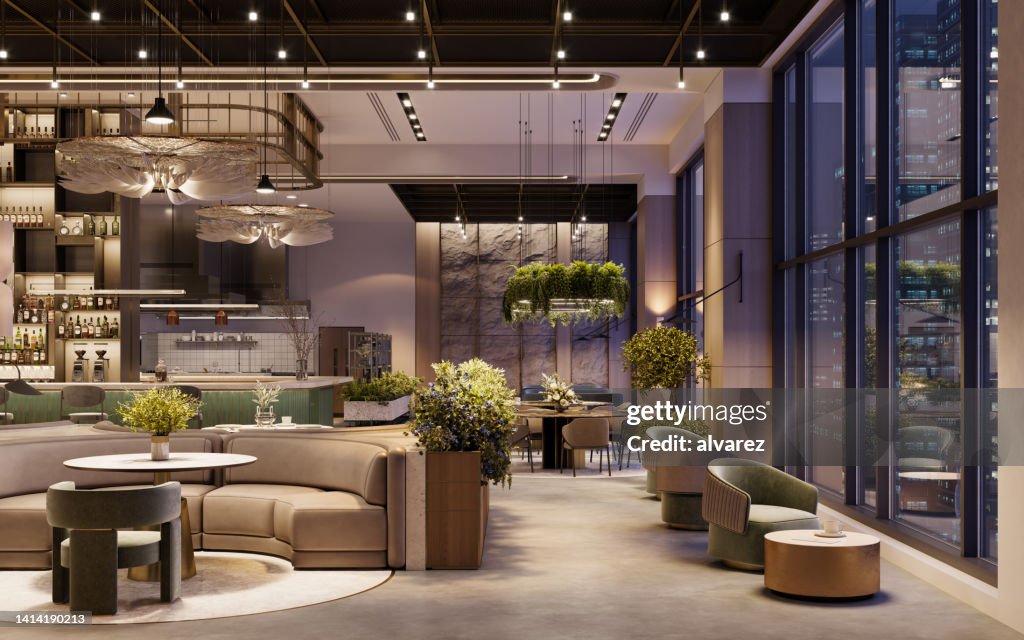 3D-Rendering eines luxuriösen Restaurant-Interieurs