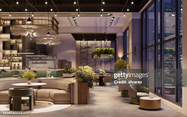 3d rendering of a luxurious restaurant interior - lobby stock pictures, royalty-free photos & images