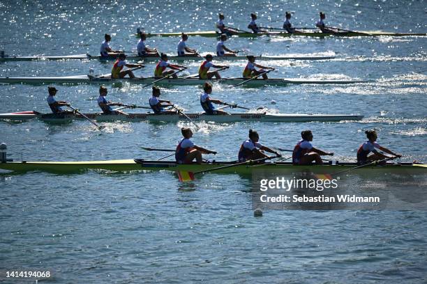 General view of the Women's Four Heat 1 during the Rowing competition on day 1 of the European Championships Munich 2022 at Munich Olympic Regatta...