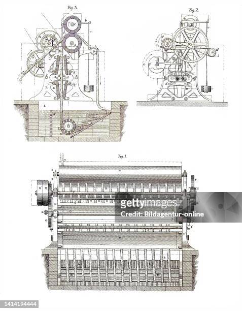 Drawing of a washing machine for woven fabrics, industrial product from the year 1880 / Zeichnung einer Waschmaschine für gewebte Stoffe,...