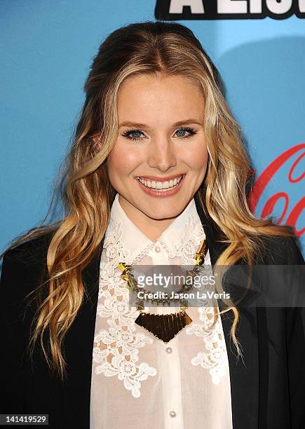 Actress Kristen Bell attends the UNICEF "Playlist With The A-List" celebrity karaoke benefit at El Rey Theatre on March 15, 2012 in Los Angeles,...