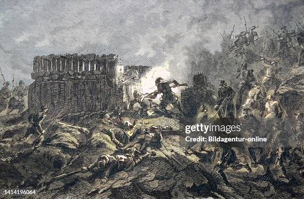 Crimean War 1855, Conquest of a Russian ambush at the Bastion / Krimkrieg 1855, Eroberung eines russischen Hinterhaltes bei der Bastion, historisch,...