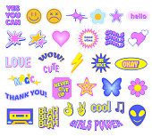 Trendy Y2K stickers. Cute girly patches, butterfly and glamour heart symbols. Retro stars, flowers and smiles vector set