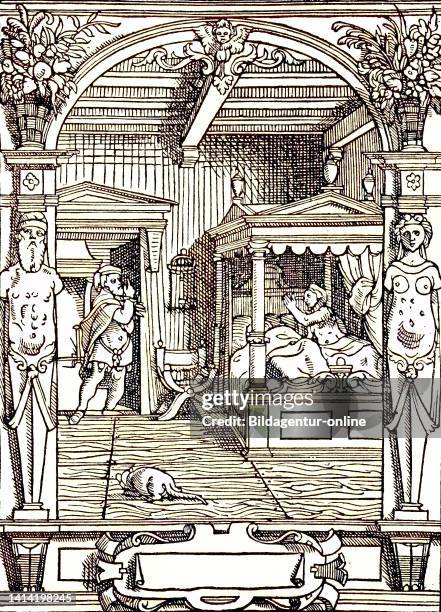 Adultery, illustration of adultery from a 16th century French law book, woman is waiting in bed and waiting for lover / Ehebruch, Illustration des...