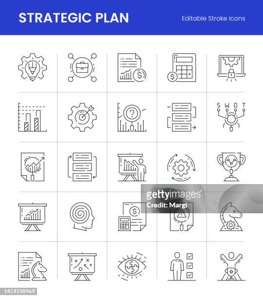 ilustraciones, imágenes clip art, dibujos animados e iconos de stock de planificación estratégica iconos de línea de trazo editable - business model strategy