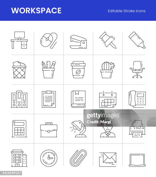 workspace editable stroke line icons - pencil case stock illustrations