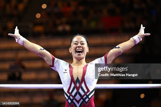 Kim Bui of Germany celebrates after competing in the Uneven Bars during the Artistic Gymnastics Women's Qualification, Subdivision 1 competition on...